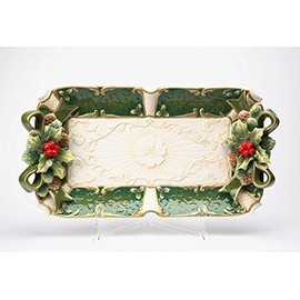 Cosmos Gifts 10302 Fine Ceramic Hand Painted Christmas Holidays Green Holly Ribbon Design Red Berry Rectangular Serving Platter Tray, 19 3/4 L