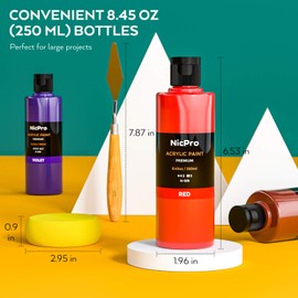 Nicpro Nicpro 18 Colors Large Acrylic Paint Set, 8.45 fl oz./ 250 ml Artist Painting Supplies Bulk Non-Toxic For Multi Surface Canvas, Wood, Fabric, Leather, Cardboard, Paper, Crafts, Hobby with Color Wheel