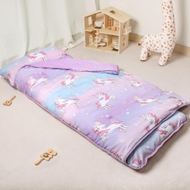 Beavtaens Nap Mat, Toddler Nap Mat with Removable Cover, 55"x22" Kids Sleeping Mat for Travel, Thick Kids Nap Mat with Soft Minky Dots, Name Tag Included for Preschool (Unicorn)