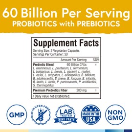 Terranics Terranics Probiotics 60 Billion CFU, 20 Strains, 60 Veg Capsules, Prebiotics & Probiotics, Shelf Stable Probiotic Supplement for Men & Women, Digestive & Immune Health, Non-GMO, NO Soy, Dairy & Gluten