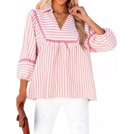 Tankaneo Womens Striped Babydoll Tops Oversized 3/4 Sleeve Peplum Blouse Casual Loose Fit Pleated Cute Shirts Pink White