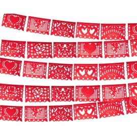 Fiesta Connect Red Valentine's Day Banner, Valentines day decorations for party, Valentines day garland made from Red tissue paper, San Valentin Papel Picado 5 banners included | 60 feet total