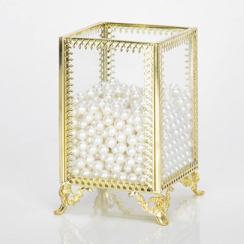 Makeup Brush Holder Vintage Glass Handmade Organizer with White Pearls