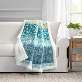 Lush Decor Bohemian Stripe Sherpa Throw Blanket, 50" W x 60" L, Blue & Green - Bold Colorful Boho Stripe Design - Quilted Print - Soft Sherpa Blanket For Bed, Couch, Or Chair