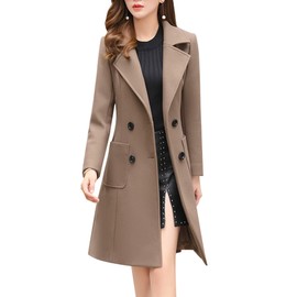 chouyatou Women Elegant Notched Collar Double Breasted Wool Blend Over Coat (Large, Khaki)