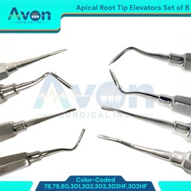 Set of 8pcs Assorted Apical Root Tip Elevators, Straight, Angled, Slight Offset | 78, 79, 80, 301, 302, 303, 302HF, 303HF | Color-Coded Hollow Handle, German Steel