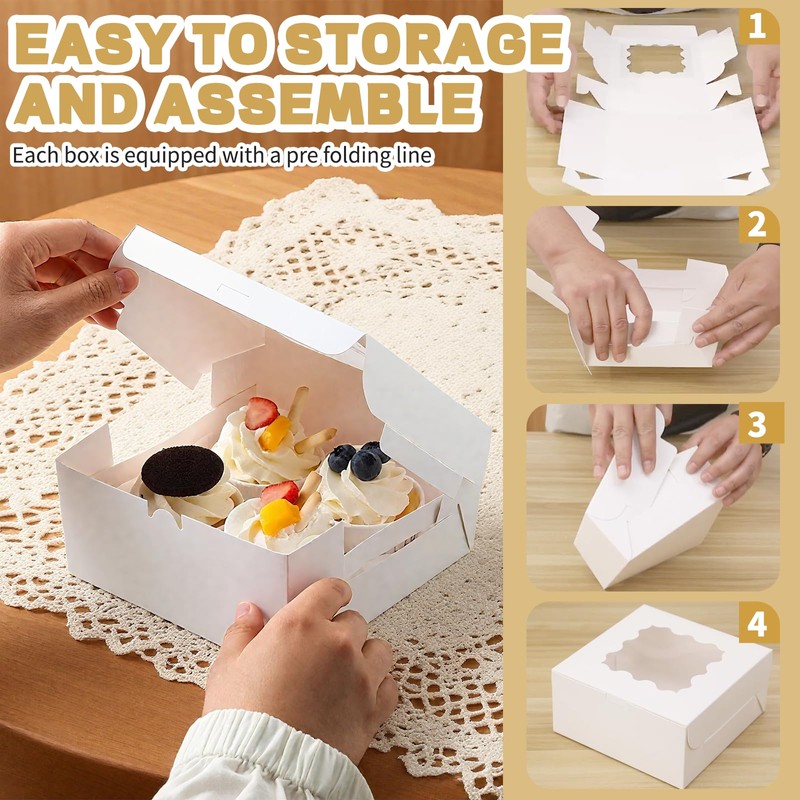 30pcs Cookie Boxes with Window, 6x6x3 Inches White Bakery Boxes,