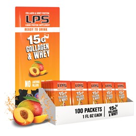 Nutritional Designs LPS Liquid Collagen & Whey Protein Supplement - Non-GMO Drink, Sugar-Free - Promotes Healthy Skin & Hair for Men & Women, Peach Mango, Single Serve (100 Packets)