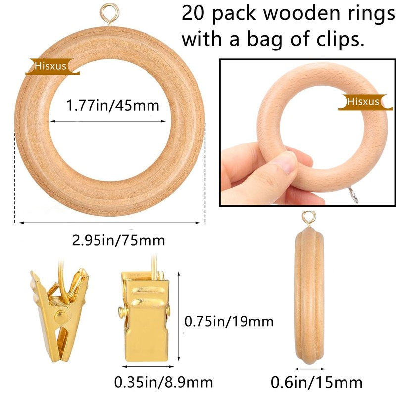 20 Pack Wooden Drapery Curtain Rod Rings with Clips 3