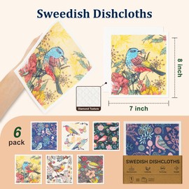 Tilirex Swedish Dishcloths for Kitchen, 6 Pack Reusable Paper Towels Washable, Super Absorbent Kitchen Towels, Odorless, Biodegradable and Quick-Drying Dish Cloths, Flower and Bird Pattern