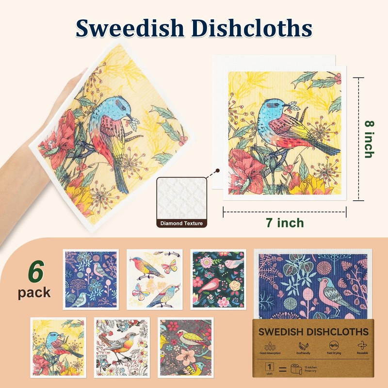 Tilirex Swedish Dishcloths for Kitchen, 6 Pack Reusable Paper Towels
