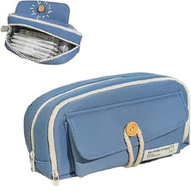 Kawaii Canvas Pen Pouch Bag with Large Capacity and Multi-Layered Organization (Lake Blue, One Size)