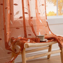 MIULEE Burnt Orange Sheer Curtains 2 Panels Embroidered Leaf Patterned Rod Pocket Floral Semi Faux Linen Window Fall Curtains Drapes Set for Living Room Bedroom Dining Room, 52x84 Inches Long
