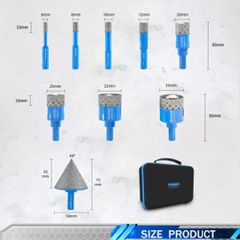 Diamond Tile Hole Saw Kit - ZNXIMER Porcelain Tile Drill Bits Set for Ceramic, Granite, Marble and More Drilling - 9pcs Diamond Core Drill Bits Set(6/8/10/12/20/25/32/35MM/2)