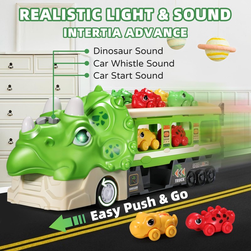 RISUNTOY Green Dinosaur Toy Car-Foldable 117cm Track with Launcher, Lights&Sounds,