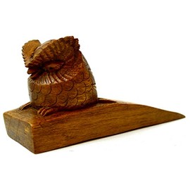 HAND CARVED WOODEN DOOR STOPPER WEDGE HOME DECOR (OWL)