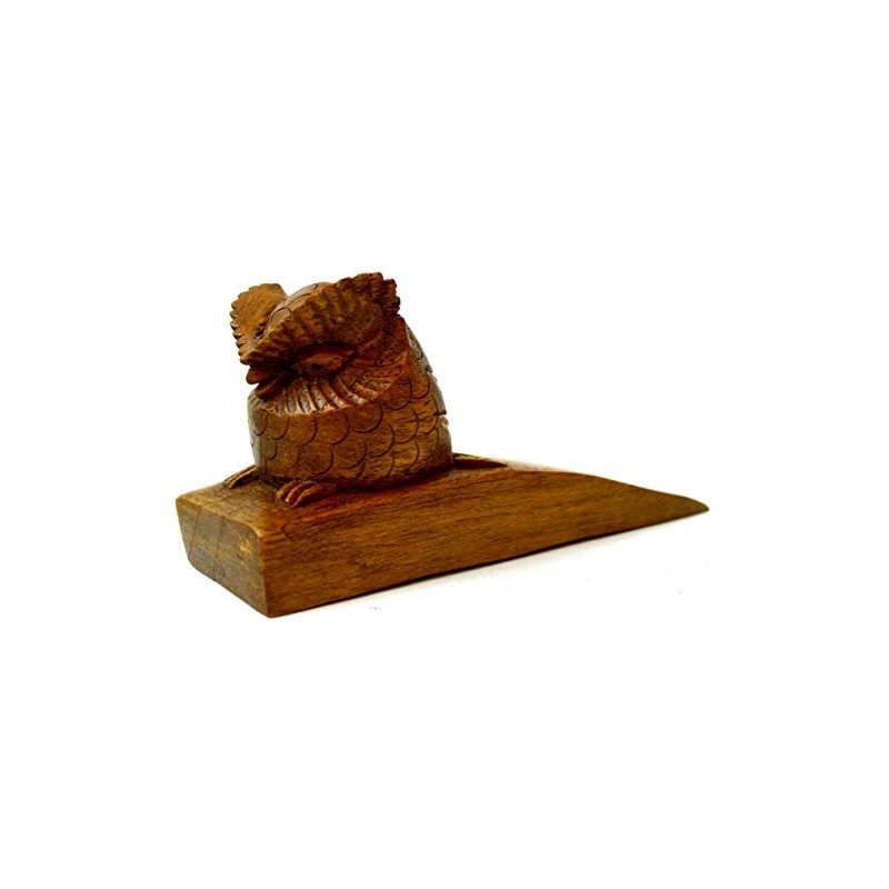 HAND CARVED WOODEN DOOR STOPPER WEDGE HOME DECOR (OWL)