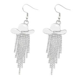 Western Cowgirl Earrings Ladies Enamel Hat Shiny Crystal Waterfall Tassel Dangle Earrings Country Concert Prom Cowboy Dress Charm Earrings Jewelry Gifts for Women (white)