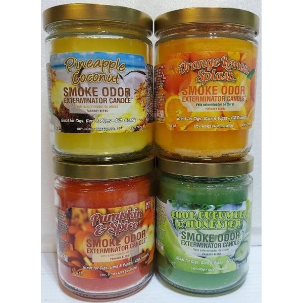 Smoke Odor Exterminator 13 oz Jar Candles Pineapple & Coconut Assorted, (4) Includes Pineapple Coconut, Pumpkin Spice, Cool Cucumber & Honeydew & Orange Lemon Splash.