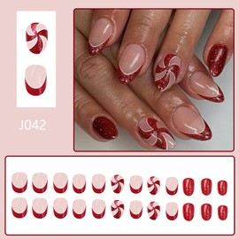 Tyuimhx Christmas Press on Nails Short Oval Fake Nails With Candy Designs Xmas Red Glitter French Tip False Nails Glossy Full Cover Stick on Nails Winter Acrylic Artificial Nails for Women 24 Pcs