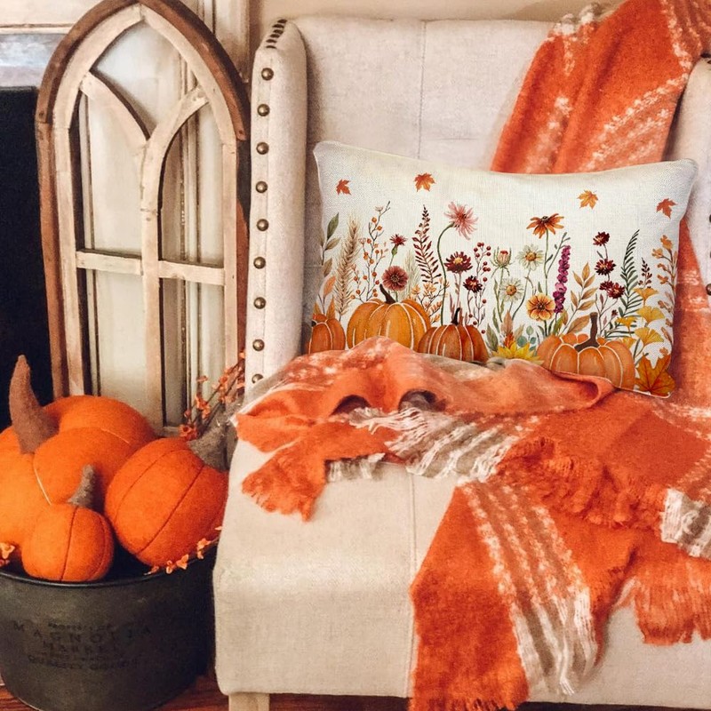 RABUSOFA Fall Pillow Covers 12x20 Floral Orange Pumpkin Decoration Outdoor