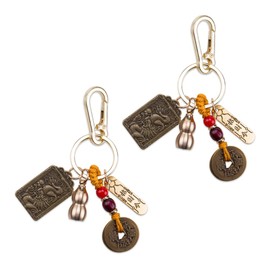 ZORZA 2Pcs Brass Chinese Feng Shui Keychain Vintage Zodiac Dragon Charm Lucky Gourd Pendant for Wealth Prosperity Unique Hanging Ornament for Car Keys Animal Key Ring