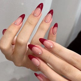 TOGZOM Red French Tip Press on Nails Almond Medium Fake Nails French Nails Press ons Full Cover Acrylic Nails Glue on Nails Natural Almond Nails Rhinestone False Nails for Women in 12 Sizes 24 Pcs