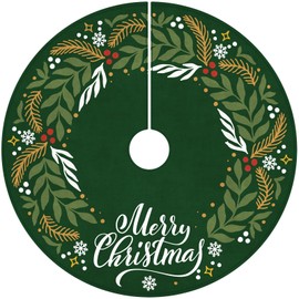 HOHOTIME 48 inch Christmas Tree Skirt, Green Tree Skirt Berry Pattern Christmas Tree Letters Xmas Tree Skirt, Christmas Decorations for Winter New Year Party Decor Indoor