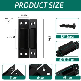 Riyhch 5 Inch Hidden Door Hinge, Black 304 Stainless Steel Heavy Duty Invisible Hinge 120 Degree 3mm Thicknesse 4 PCS