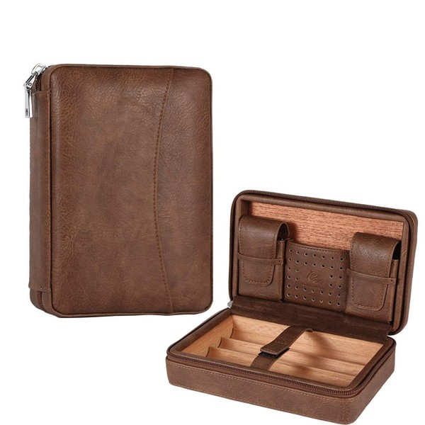 Galiner Travel Cigar Humidor Leather Case with Humidity Packs Bag Portable Cedar Wood Leather Case Holder 4 Cigars, Pockets for Cigars Lighter Cutter, Black Gift Box