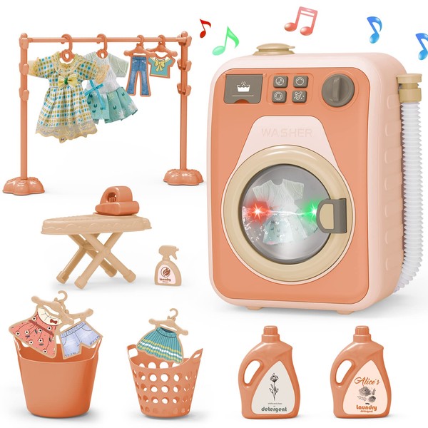 deAO Washing Machine Toy Children, Washing Machine Play Set Mini Simulation Washing Machine with 4 Programmes, Rotating Washing Drum, Light, Sound, Washing Toy, Children's Washing Machine Children