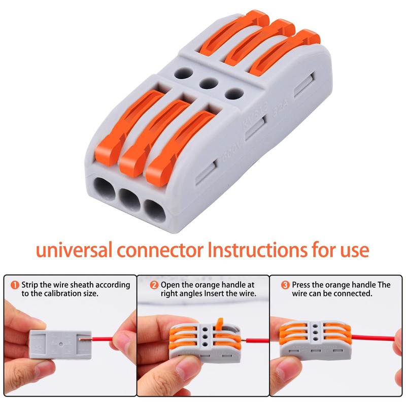 50 Pcs Wire Connectors 3 Conductor Compact Splicing, 3 Circuit