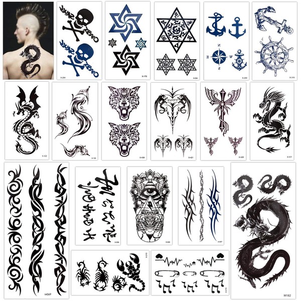 Consait temporary tattoo, black tattoo, body art, small arcs, tattoo sticker, fake arm tattoos, sticker for men, women, dragon, anchor, eye, scorpion, skull and more (18 sheets).