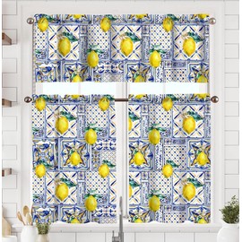 TQFZP Blue Tiles Lemon Kitchen Curtains Short and Valance Set Fruit Chic Dining Room Fabric Curtain Drapes Retro Rustic Cafe Curtains Valance for Home Decor