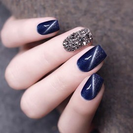 Medium Press on Nails Square Blue, 24Pcs Coffin Fake Nails Acrylic Nails Press on Glossy Glue on Nails with Rhinestone Designs False Nails with Charms Artificial Nails for Women Girls