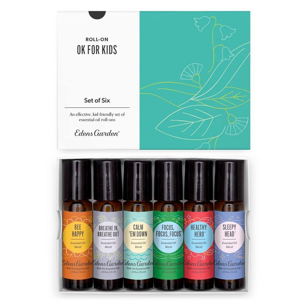 Edens Garden "OK for Kids" Roll-On 6 Set, Best 100% Pure Essential Oil Synergy Blend Aromatherapy Starter Kit (Child Safe 2+, Pre-Diluted & Ready to Use), 10 ml Roll-On