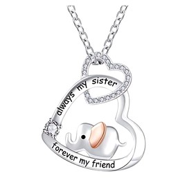 Ginger Lyne Collection Sister Necklace for Women | Heart Elephant Necklace for Her | Cubic Zirconia Sterling Silver Pendant Engraved Always My Sister Forever My Friend |18 Inch Rolo Chain
