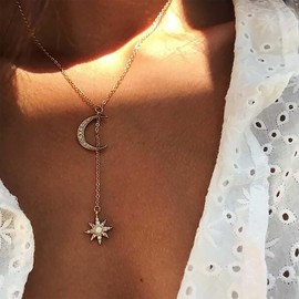 Allereya Boho Crystal Star Y Lariat Necklace Gold Star Y Necklace CZ Moon Choker Necklace Rhinestone Moon Necklace Long Star Drop Necklace Jewellery for Women, Zinc