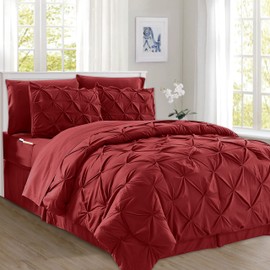Elegant Comfort 8-Piece Pinch Pleated Comforter Set - All Season Complete Bed in a Bag, Includes 4pc Smart Sheet Set, Bed Skirt, Comforter, Matching Pillowcases and Shams, Twin/Twin XL, Wine Red