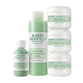 Mario Badescu-men Grooming Basics Kit de 5 piezas, set de regalo para el cuidado de la piel para hombres con acondicionador previo al afeitado, crema de afeitar, exfoliante facial de almendras y miel, loción para después del afeitado y gel