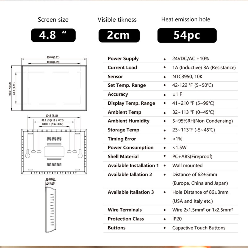 Heat Pump Room Thermostat Temperature Controller 4.8 Inch Color LCD