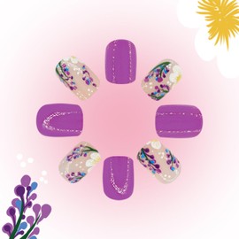 MIXFOSAHN Flower Press on Nails Short Square Fake Nails Purple False Nails with Purple Floral Designs Full Cover Stick on Nails Glue on Nails Flower Nails Acrylic Nails for Women Girls 24 Pcs