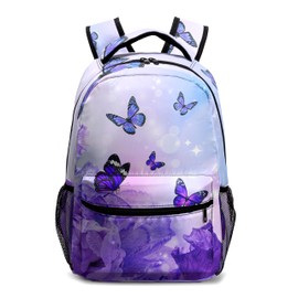 Kwlegh Butterfly Backpack for Girls Purple Flower School Bag Bookbag Lightweight Kids Back Pack for Preschool Primary Elementary Students Casual Daypack