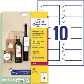 AVERY Zweckform T2002-10 Sturdy Tags Pack of 100 with Cords (90 x 50 mm on A4, Printable on Both Sides, Extra Smooth Edges, Gift Tags, Price Tags) Cardboard 220 g, White