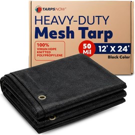 Tarps Now 12' x 24' Heavy Duty Mesh Tarp with 75% Shade and Brass Grommets - Multipurpose Protective Cover Tarpaulin with Air Flow for Tie Downs, Shade, Fences, Canopies, Dump Trucks - Black