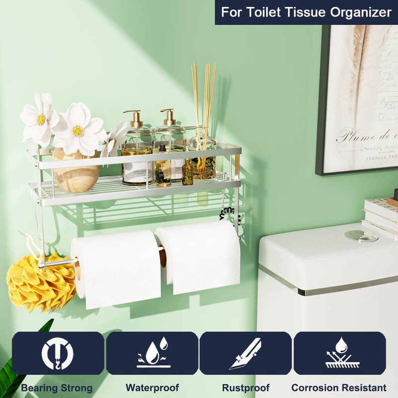 ESOW Paper Towel Holder with Shelf Storage, Adhesive Wall Mount