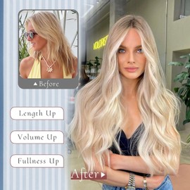 Medium Blonde with Pale Highlights Hair Extensions, Invisible Wire Hair Extension with Transparent Wire Adjustable Size 4 Clips Secure Long Wavy Hairpieces for Women 20 inch