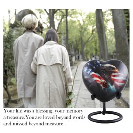 American Honor Heart Keepsake Urn – Handcrafted Patriotic Mini Heart Urn with Eagle & Flag – Veteran Memorial Sharing Urns for Ashes with Display Stand & Velvet Bag (HeartKeepsake)