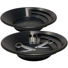 Sluice Fox Two Gold panning Kits; Black Pans with Trap and Dual riffles, Stainless Steel Magnifying Tweezers, and Three Glass Storage vials