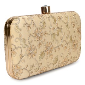 LONGING TO BUY Hand Crafted Designer Box Clutch - Zari Embroidery For Women, Golden-3, Wedding Clutch